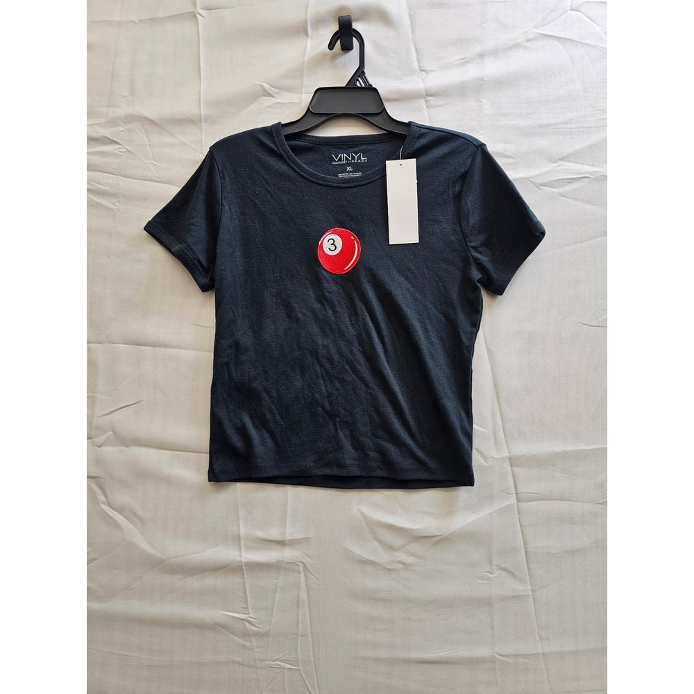 Vinyl Threads Womens XL Black Cropped T-Shirt Red 3 Ball Billiard Patch Baby Tee